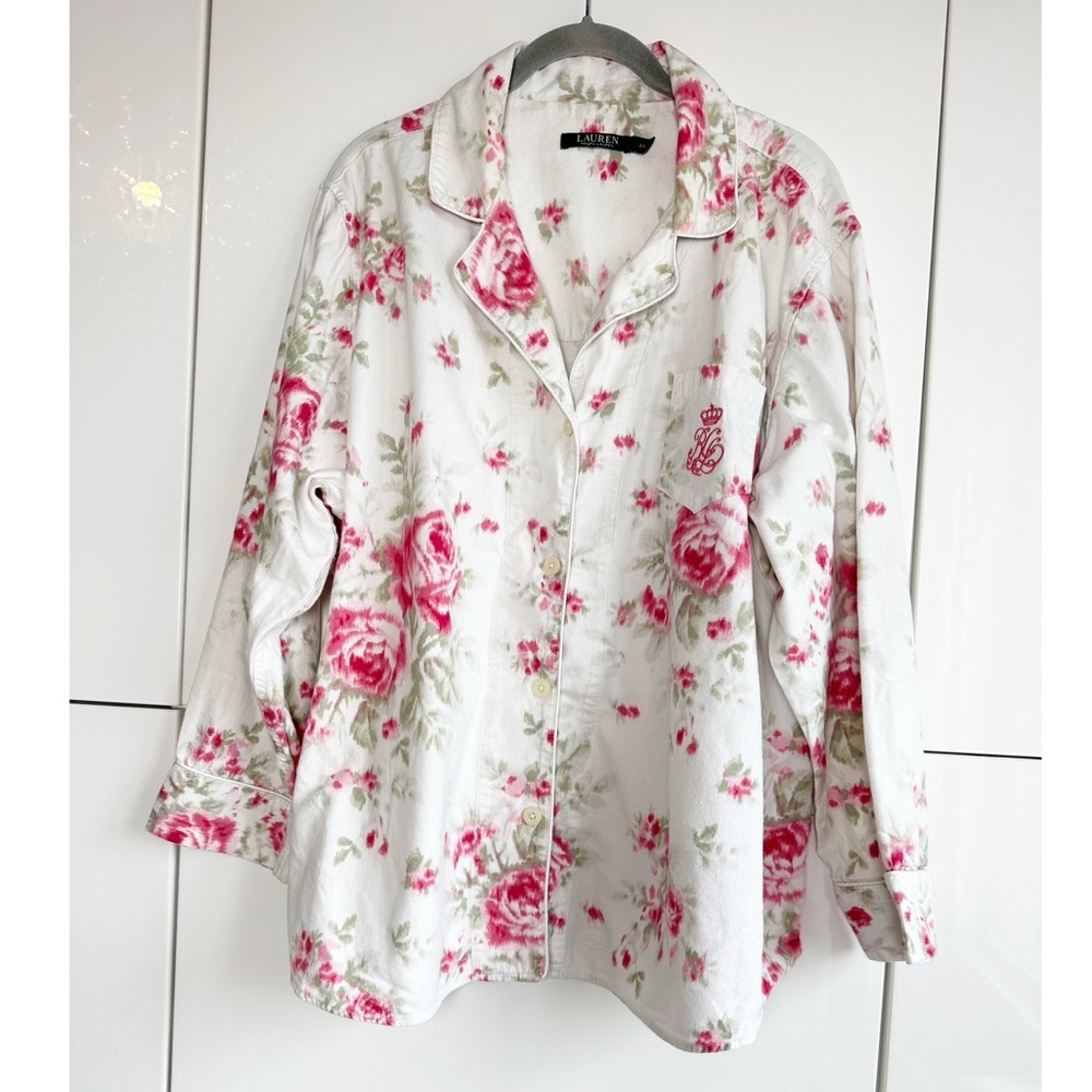 Lauren Ralph Lauren 2 piece Pajama Set Roses White Pink Size 2X Embroidered Logo - Picture 2 of 10